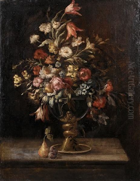 Tulips, Roses, Narcissi And Other Flowers In A Vase With A Pear And Plums On A Table Top Oil Painting by  Pseudo Guardi