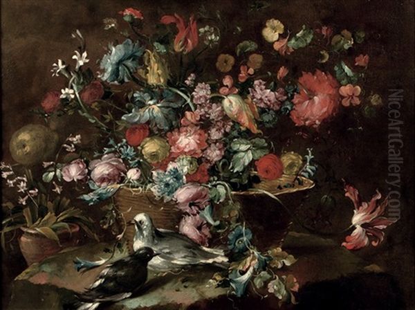 Flowers Including Roses And Tulips In A Basket, With A Pair Of Pigeons Nearby Oil Painting by  Pseudo Guardi