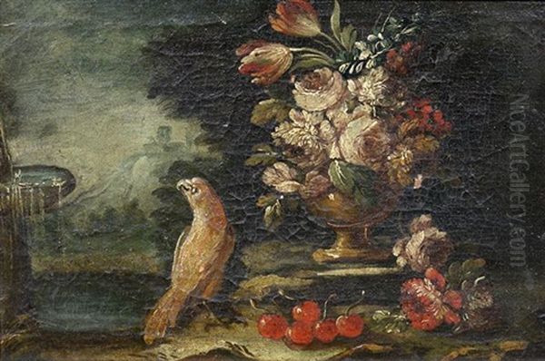 Stillleben Mit Einem Sittich Und Blumen In Einer Steinvase Vor Einer Parklandschaft Oil Painting by  Pseudo Guardi