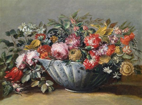 Pseudo Guardi Blumenstillleben Mit Rosen, Lilien, Nelken Und Anderen Blumen In Einer Porzellanschale Oil Painting by  Pseudo Guardi