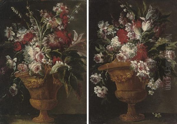 Tulips, Roses, Narcissi And Other Flowers In A Sculpted Urn (+ Roses, Chrysanthemums, Narcissi, Bluebells And Other Flowers In A Sculpted Urn; Pair) Oil Painting by  Pseudo Guardi