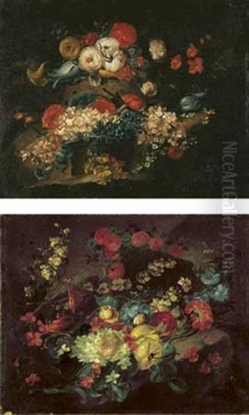 Nature Morte Aux Fleurs (+ Another; Pair) Oil Painting by  Pseudo Guardi