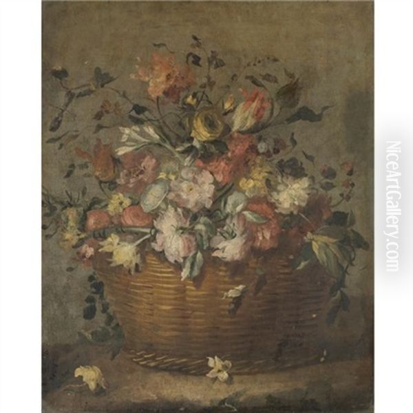 A Still Life With Roses, Tulips And Various Other Flowers In A Basket On A Ledge Oil Painting by  Pseudo Guardi