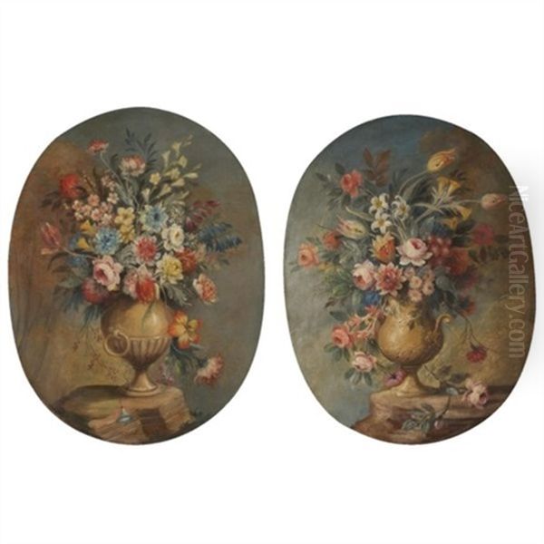 Still Lifes With Various Flowers In Stone Urns (pair) Oil Painting by  Pseudo Guardi