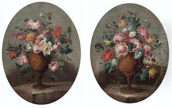 Roses, Carnations, Narcissi And Other Flowers In An Vase On A Ledge (+ Roses, A Tulip, Carnations, And Other Flowers In An Vase On A Ledge; Pair) Oil Painting by  Pseudo Guardi