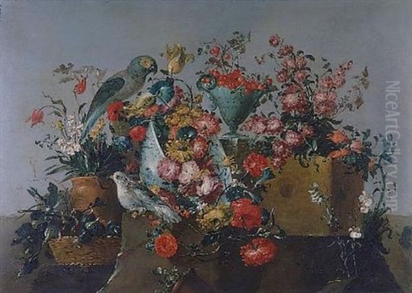 An Upturned Wan-li Kraakware Bowl Filled With Flowers, A Basket Of Figs, And A Parrot (+ A Wan-li Kraakware Dish Of Pears With A Bronze Urn Filled With Flowers And A Cockerel On A Stone Ledge; Pair) Oil Painting by  Pseudo Guardi