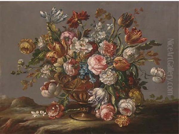 Parrot Tulips, Roses, Narcissi And Other Flowers In An Urn In A Clearing Oil Painting by  Pseudo Guardi