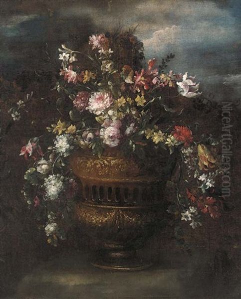 Roses, Tulips, Narcissi And Other Flowers In A Sculpted Vase In A Clearing Oil Painting by  Pseudo Guardi