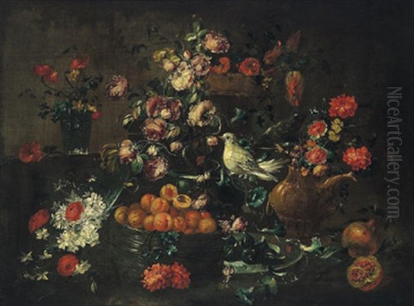 Composizione Di Fiori Con Un'uccello: Komposition Von Blumen Mit Einem Vogel Oil Painting by  Pseudo Guardi