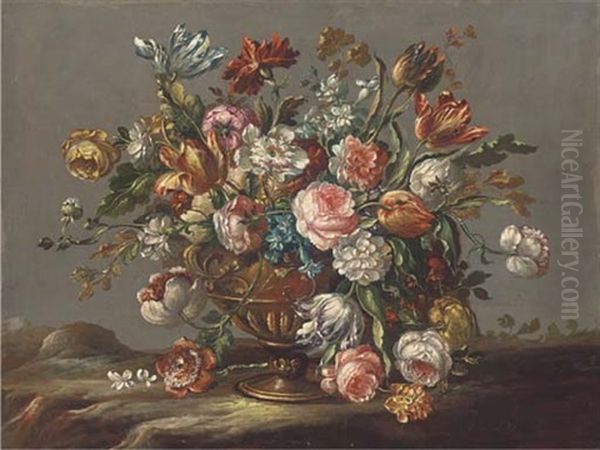 Parrot Tulips, Roses, Narcissi And Other Flowers In An Urn In A Clearing by  Pseudo Guardi