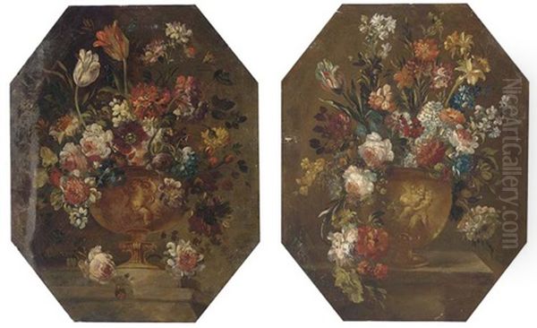 Mixed Flowers In A Vase On A Ledge (+ Mixed Flowers In A Vase On A Ledge; Pair) Oil Painting by  Pseudo Guardi