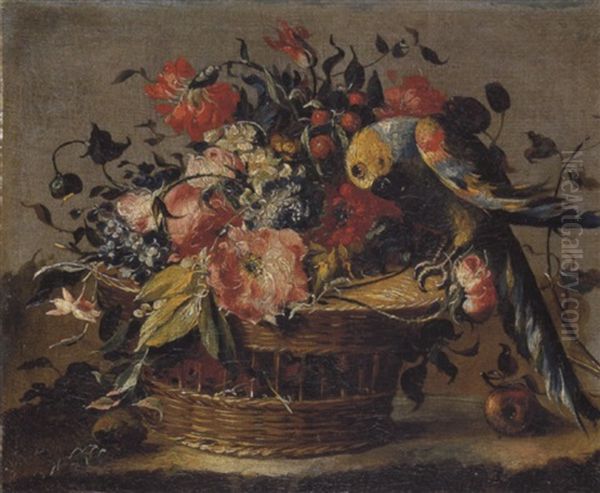 Natura Morta Di Fiori In Un Cestino Ed Un Pappagallo Oil Painting by  Pseudo Guardi