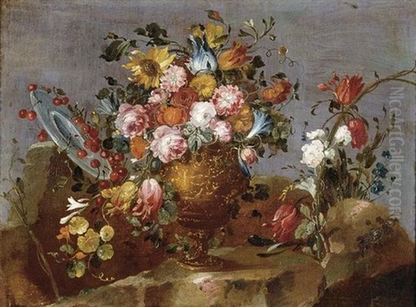 Still Life Of Flowers In A Vase Resting On A Stone Ledge With A Plate Of Cherries by  Pseudo Guardi