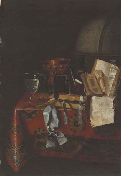 A Globe, Books, A Brass Goblet, A Glass Of Wine And Other Objects On A Draped Table Oil Painting by  Pseudo-Roestraten