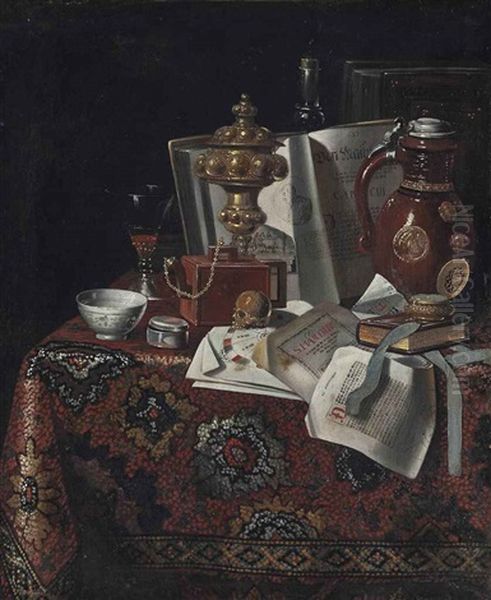 An Earthenware Jug, Manuscripts, Books, A Teapot, A Skull And Other Objects On A Draped Table Oil Painting by  Pseudo-Roestraten