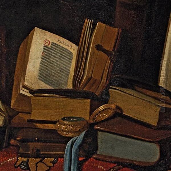 Vanite Aux Livres Et Manuscrits, Et A La Montre Poses Sur Un Oil Painting by  Pseudo-Roestraten