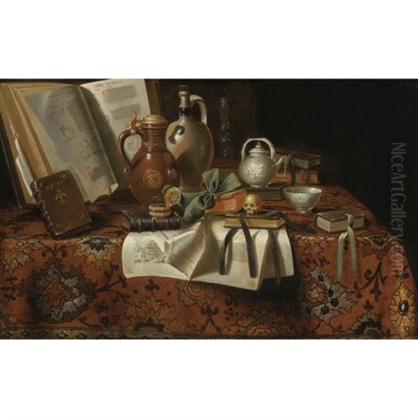 Vanitas Still Life With Books, Jugs, A Skull And Other Objects On An Table Draped With An Oriental Carpet Oil Painting by  Pseudo-Roestraten