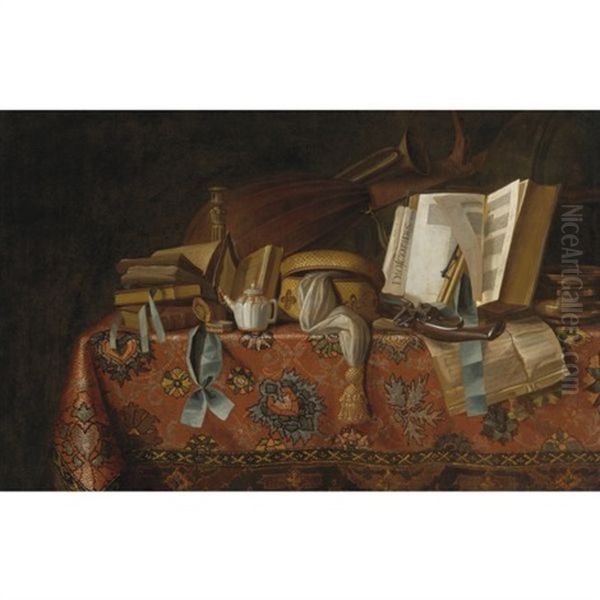 Still Life Of Books, Musical Instruments And Other Objects On A Table Draped With An Oriental Carpet Oil Painting by  Pseudo-Roestraten