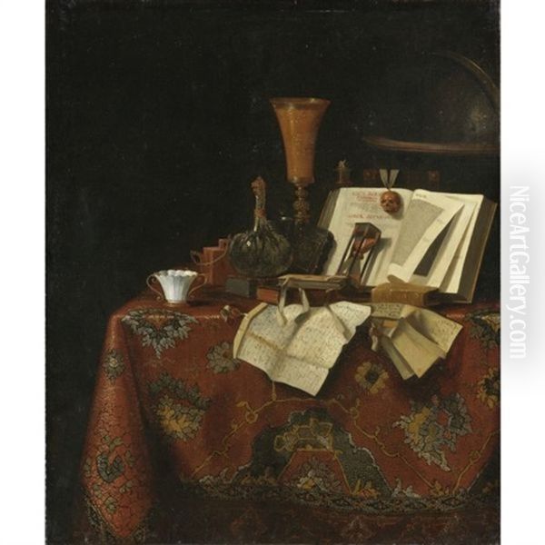 A Vanitas Still Life Of A Goblet, A Wine Vessel, A Yixing Stoneware Teapot, Books, An Hourglass, Letters And A Globe On A Carpeted Table by  Pseudo-Roestraten