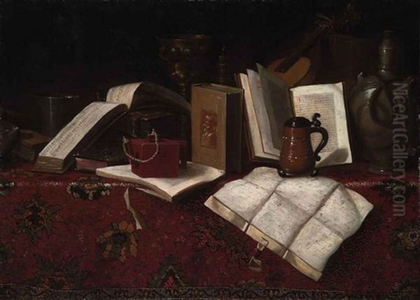 Books, A Silver Beaker, A Gilt Cup, A Candle, A Violin, And Other Vessels, On A Carpet-draped Table Oil Painting by  Pseudo-Roestraten