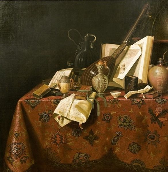 Vanitas Con Volumi, Suppellettile In Peltro, Terrecotte, Una Clessidra, Un Chitarrone Ed Un Mappamondo, Ricoperto Da Un Tappeto Oil Painting by  Pseudo-Roestraten