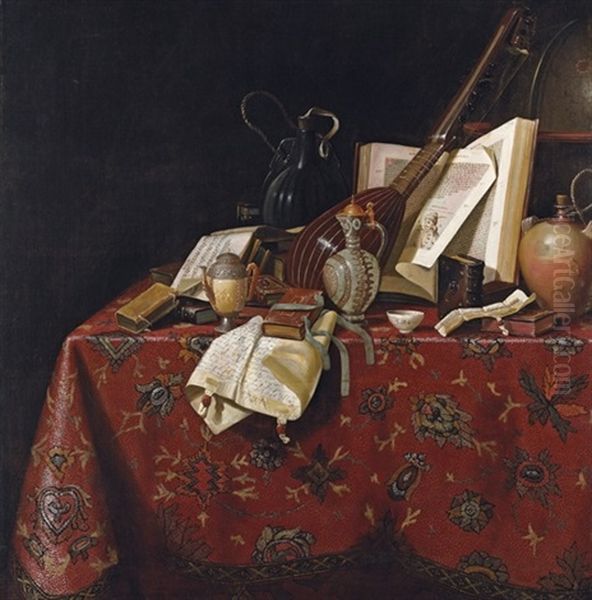 A Therbo, Books, Letters, An Open Music Book, Water Ewers, A Small Bowl, An Hourglass, Water Jugs And A Globe Oil Painting by  Pseudo-Roestraten