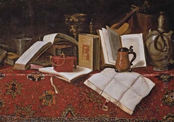 A Vanitas Still Life With Books, Music, A Violin, A Roemer And Other Objects On A Draped Table Oil Painting by  Pseudo-Roestraten