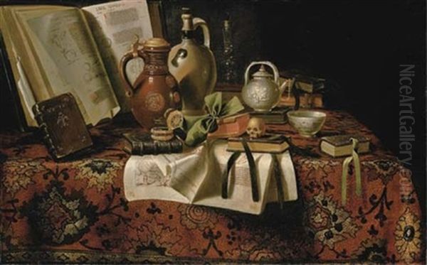 A Vanitas Still-life With Books, Jugs And A Skull On A Draped Table Oil Painting by  Pseudo-Roestraten