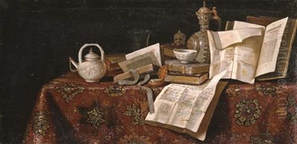 Books, Manuscripts, A Teapot, And Vanitas Still Life Elements On A Tabletop Oil Painting by  Pseudo-Roestraten