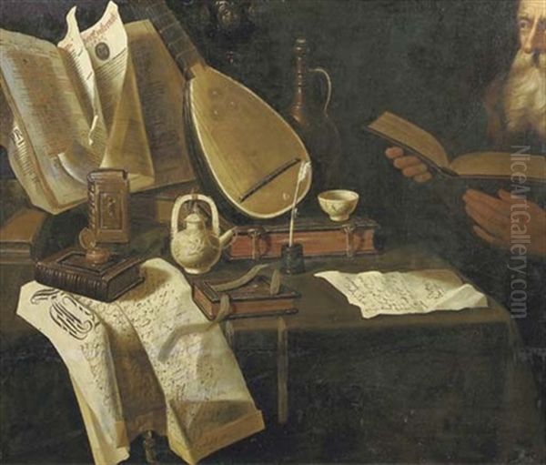 Books, Manuscripts, A Lute And A Tea Set On A Draped Table, A Man Holding A Book Nearby Oil Painting by  Pseudo-Roestraten