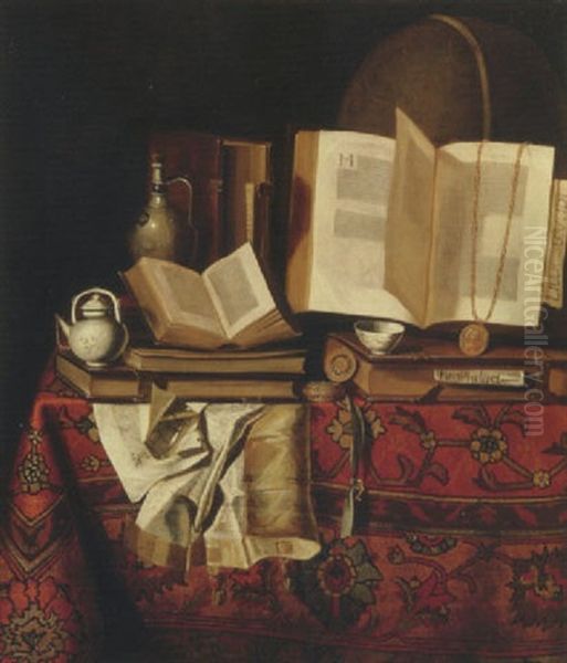 A Silver Jug And A Teapot, A Watch, A Golden Chain, A Teapot, Books And Documents On A Draped Table Oil Painting by  Pseudo-Roestraten