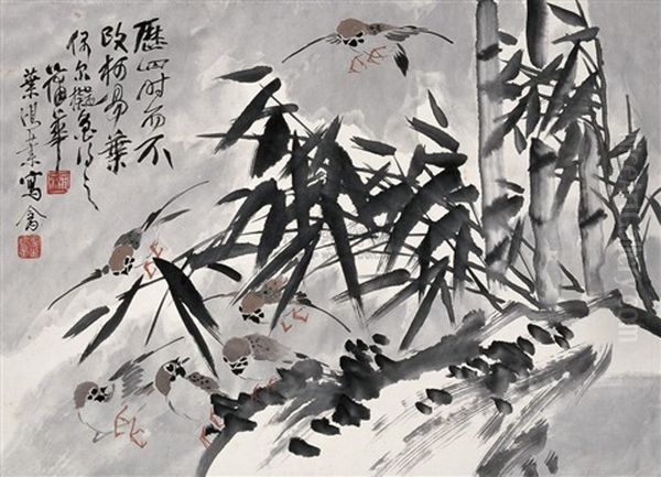 Bamboo And Birds Oil Painting by  Pu Hua