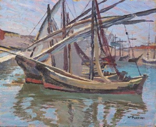 Barche In Porto Oil Painting by Mario Puccini