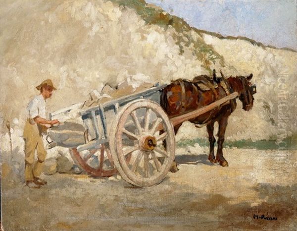 Arbeiter Beim Beladen Eines Fuhrwerks Im Steinbruch Von Carrara Oil Painting by Mario Puccini