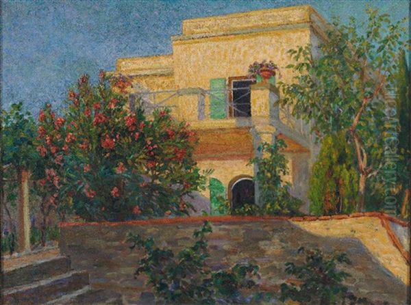 Blick Uber Bluhenden Oleander Auf Malerisch Beleuchtetes Haus Oil Painting by Mario Puccini