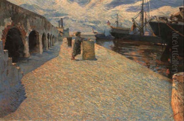 Il Molo Mediceo A Livorno Oil Painting by Mario Puccini