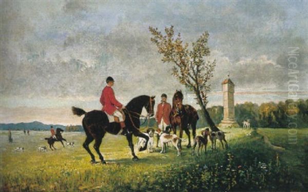 Herbstliches Feld Mit Marterl. Reitergruppe Mit Hundemeute Bei Der Fuchsjagd Oil Painting by Adolf Puchinger