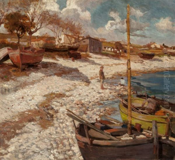 Boy On A Beach With A Skiff, 1918 Oil Painting by Erwin Puchinger