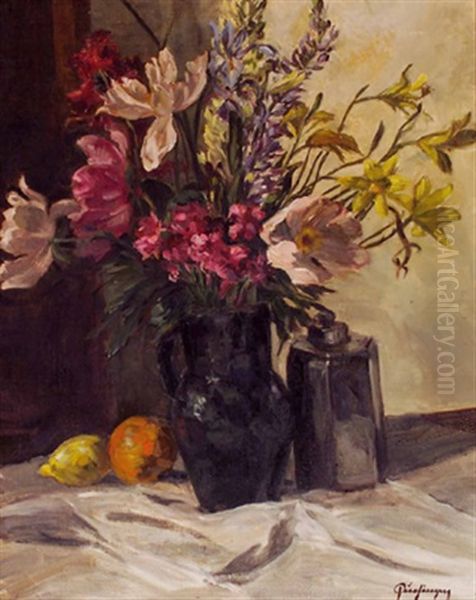 Stillleben Mit Gartenblumen Und Zinn-schraubkanne Oil Painting by Erwin Puchinger