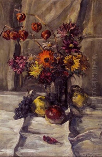 Stillleben Mit Blumenvase Und Obst Oil Painting by Erwin Puchinger