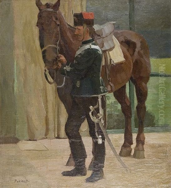 Cavalryman Saddling His Horse Oil Painting by Viktor Pucinski