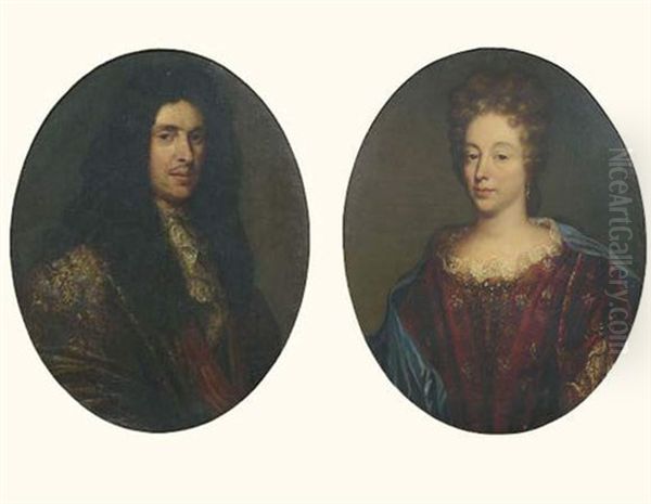 Portrait D'homme A La Lavalliere De Dentelle (+ Portrait De Femme A La Robe De Velours Rouge; Pair) Oil Painting by Francois Puget