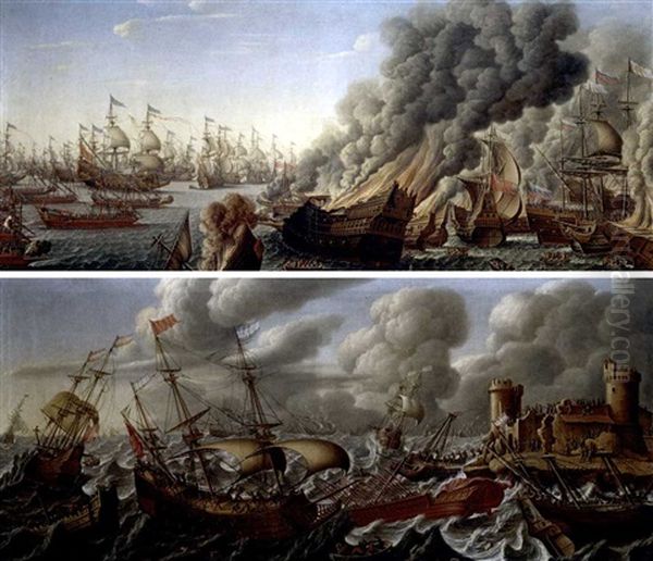 A Coastal Landscape With Shipping On Stormy Seas, Figures On The Shore By A Ruined Castle (+ A Naval Action With A French Fleet Advancing And Spanish Men-o-war On Fire In The Foreground; 2 Works) Oil Painting by Pierre Puget