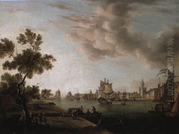 View Of A Mediterranean Harbour With Peasants And Elegany Company Oil Painting by Pierre Puget