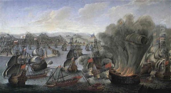 Fanco-spanish Action Off Port Of Barcelona, July 1642 Oil Painting by Pierre Puget