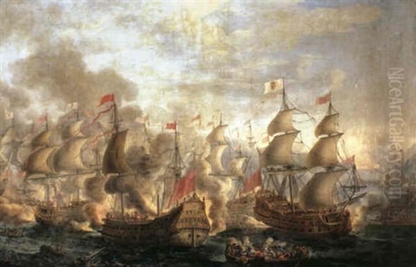 Ships Of The Line Engaged In A Fierce Battle Whilst Troops  In Rowing Vessels Fire At Each Other At Close Quarters Oil Painting by Pierre Puget