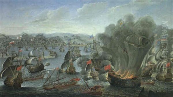 Le Blocus Du Port De Messine En 1675 Par Le Marechal De     Tourville Oil Painting by Pierre Puget