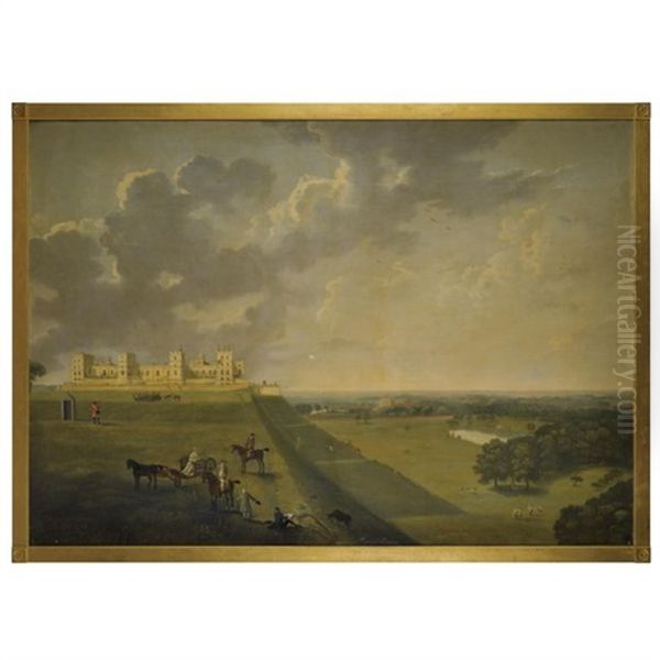 View Of Windsor Castle, The Earl And Countess Of Pomfret Introduced To The Artist In The Foreground Oil Painting by Herbert Pugh