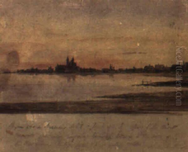 A Coastal Scene At Sunset With A Church And Buildings In The Distance by Augustus Welby Northmore Pugin