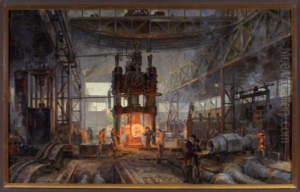 Hammerwerk Abt. Sterkrade - Vor Einer Schmiedepresse Lasst Sich Kommerzienrat Hugo Jacobi Konstruktionsplane Erlautern Oil Painting by Otto Bollhagen